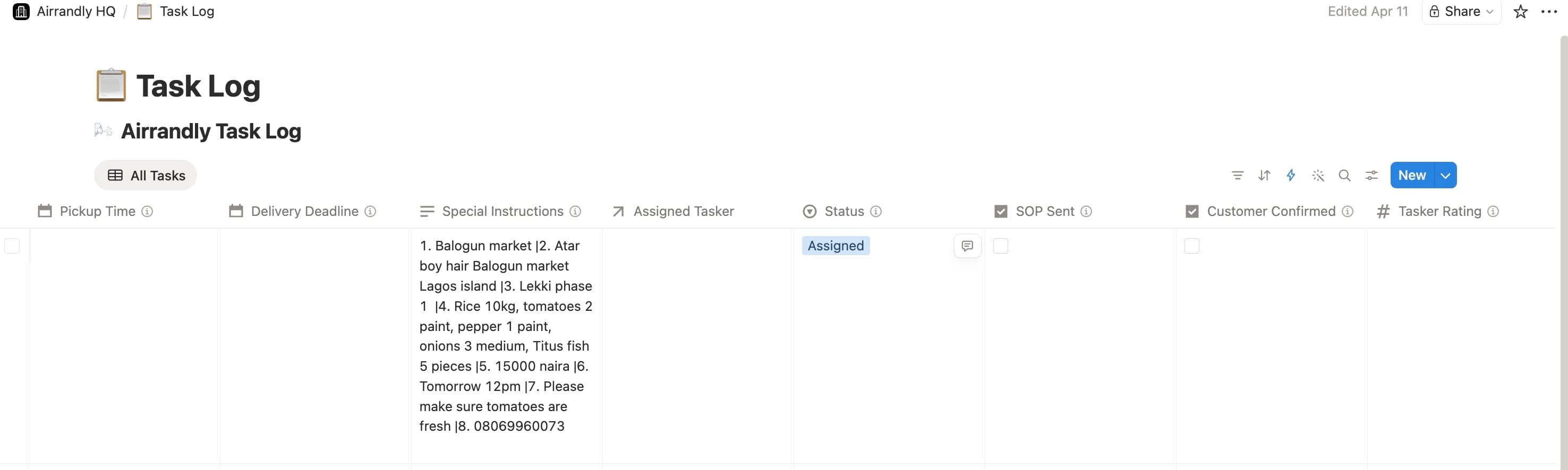 Airrandly OS — task log and status tracking